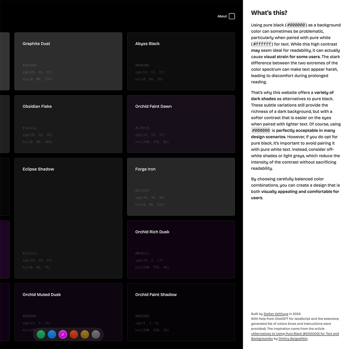 Over a 100 differtent shades of dark colors in a grid, with the side panel open.
